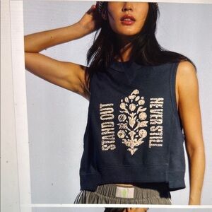 NWT Free People Intercept Tank Logo Sleeveless Graphic Top -Blue